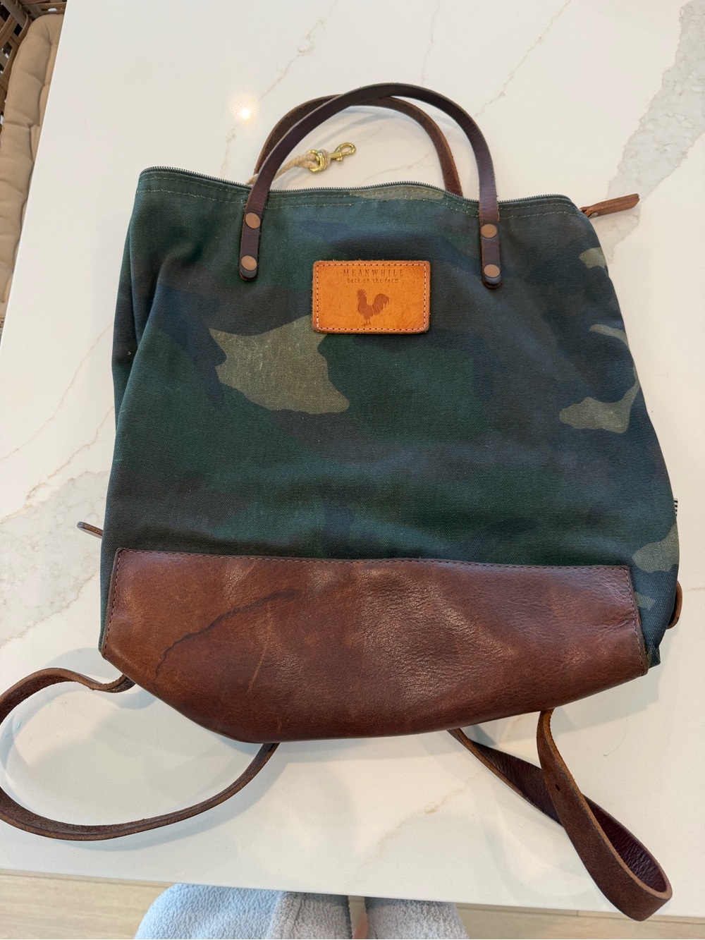 Meanwhile Back On The Farm Camo Canvas and Brown Leather Backpack